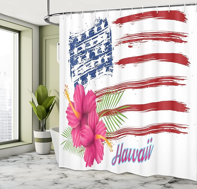 Ambesonne Hawaiian Shower Curtain, American Flag Theme Stars and Stripes Hibiscus Leaves Hawaii USA Patriotic Art, Cloth Fabric Bathroom Decor Set with Hooks, 69" W x 84" L, Fuchsia Navy
