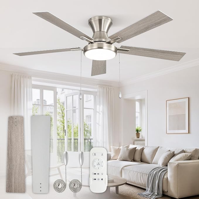 ZMISHIBO Ceiling Fans with Lights, Low Profile Ceiling Fan with Pull Chain and Remote Control, Flush Mount, Reversible, Dimmable, Noiseless, White Pull Cord Ceiling Fan for Bedroom(52inch Nickel)