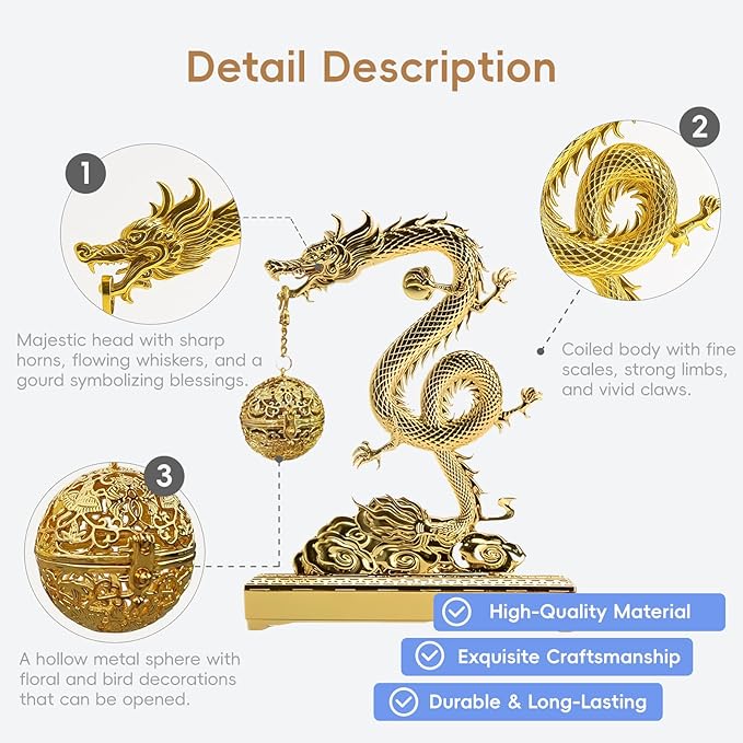 Golden Chinese Hanging Dragon Incense Burner for Sticks & Cones, 2 in 1 Brass Metal Censer with Ash Catcher, Easy to Clean with Brush, Elegant Incensario for Home Decor & Gift Box