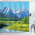 Ambesonne Landscape Shower Curtain, Grand Teton National Park Snowy Peak Mountains Nature Scene Picture, Cloth Fabric Bathroom Decor Set with Hooks, 69" W x 70" L, Yellow Green Multicolor