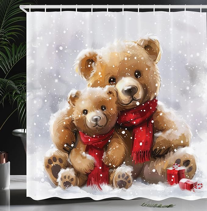 Ambesonne Christmas Shower Curtain, Classic Oil Paint Look Bear Family in Snowy Atmosphere of Xmas Joy, Cloth Fabric Bathroom Decor Set with Hooks, 69" W x 70" L, Off White Tan Dark Pink