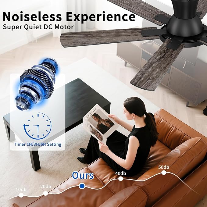 52 Inch Black Ceiling Fan with Lights and Remote, Flush Mount Low Profile 6 Blades with 10 Inch Lighting Fixture, Quiet Reversible DC Motor for Living Room, Bedroom and Patio