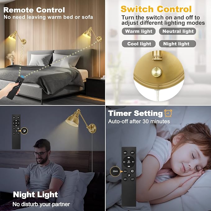 GOODATE Plug in Wall Sconces Set of Two with Remote, Stepless Colors 2700K-6500K & Stepless Dimming, Premium Golden Finish, Plug in Wall Light with Night Light & Timer, LED Bulbs Included