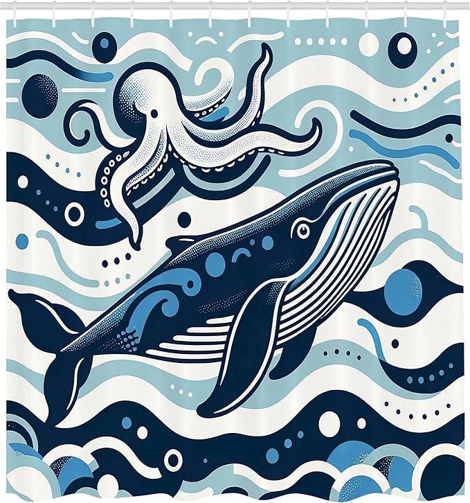 Ambesonne Nautical Shower Curtain, Simple Cartoon Illustration of Funny Ocean Waves Whale and Octopus Characters, Cloth Fabric Bathroom Decor Set with Hooks, 69" W x 75" L, Sea Blue White