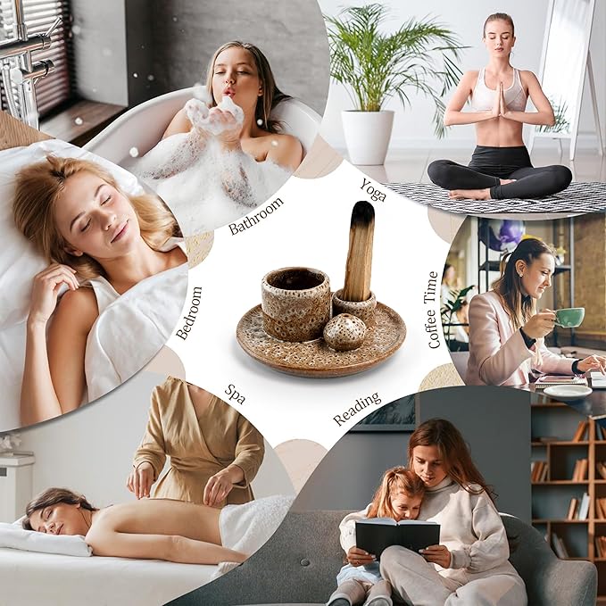 4 in 1 Incense Burner Holder,Sage Holder for Burning,Palo Santo Holder,Candle Holder,Ceramic Incense Burner Ash Catcher Tray for Meditation Yoga Room