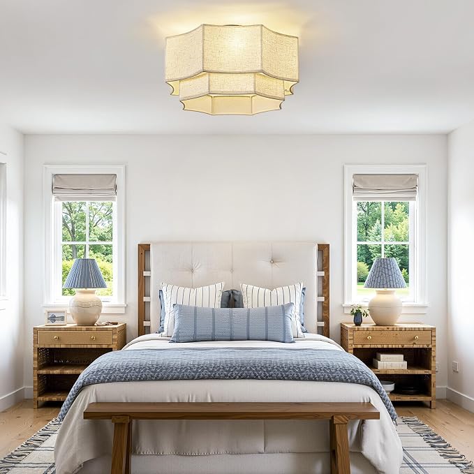 Boho Ceiling Fan with Light, 20'' Flush Mount Caged Ceiling Fan with Light Remote Control, Linen Fabric Low Profile Fandelier with 6 Speeds for Bedroom, Living Room
