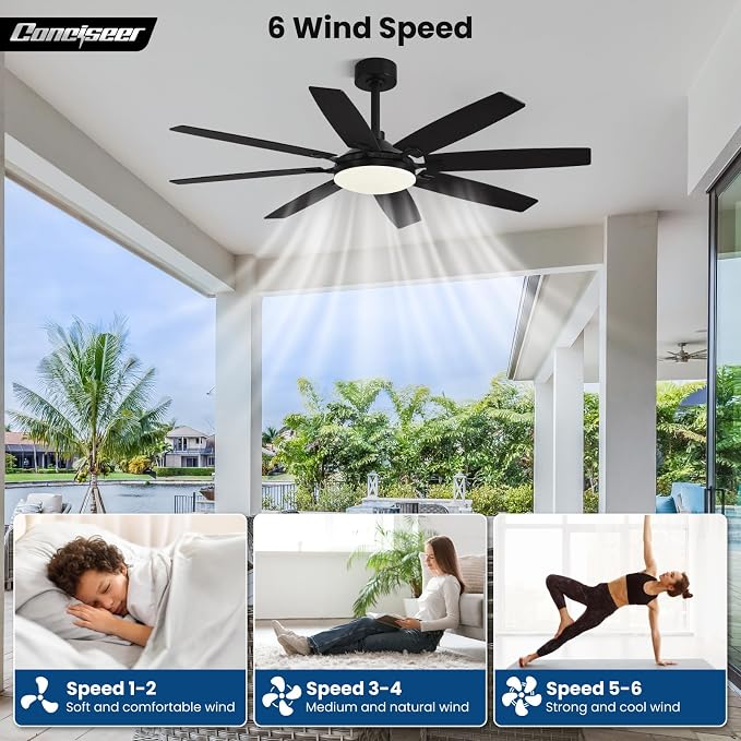 Conciseer Modern 65 Inch Ceiling Fans with Lights and Remote for Living Room Home Office Indoor/Outdoor,3CCT LED 36W, Dual Color 8 Blades 6 Speed Reversible Quiet DC Motor, Black/Wood Grain