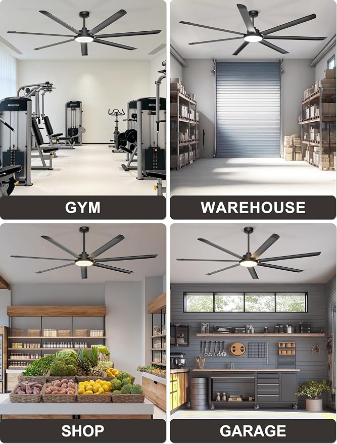 Ohniyou 84'' Large Ceiling Fan with Lights, High CFM Industrial Ceiling Fan Remote/APP Control, 7 Aluminum Blades, 3CCT, for Warehouse, Shop, Gym, Black