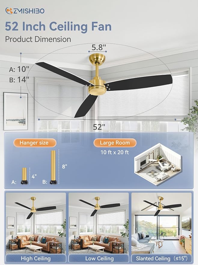 ZMISHIBO 2 Pack 52 Inch Outdoor Ceiling Fans with Remote, Gold Ceiling Fan No light with Quiet Reversible DC Motor, 6 Speeds, 3 Blade Modern Ceiling Fans for Patio Living Room Bedroom Indoor
