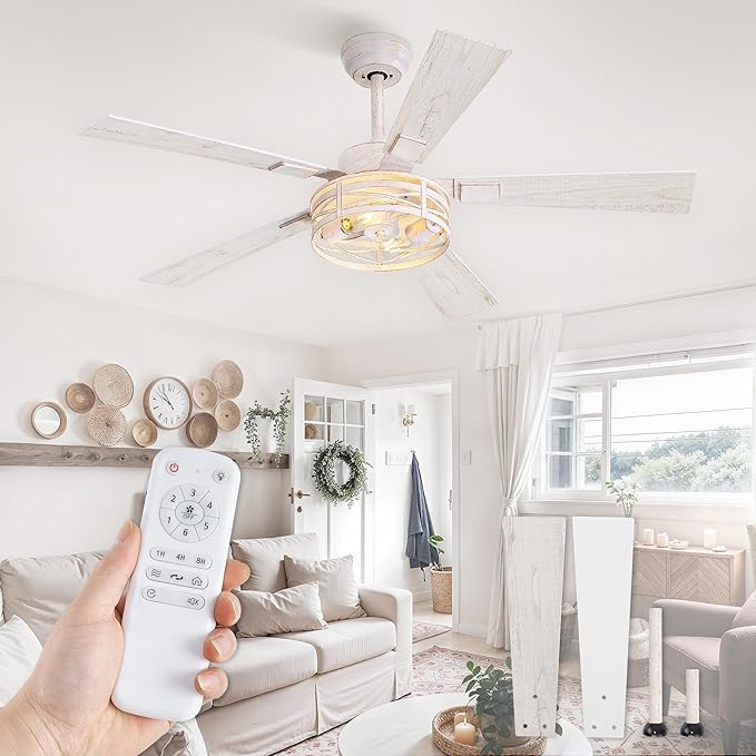 Farmhouse Ceiling Fans with Light, 48 Inch Bedroom Ceiling Fan with Lights, 6-Speed Adjustable, Quiet and Reversible DC Motor, 5 Dual Finish Blades, Rustic Caged Ceiling Fan，White and Gold Color