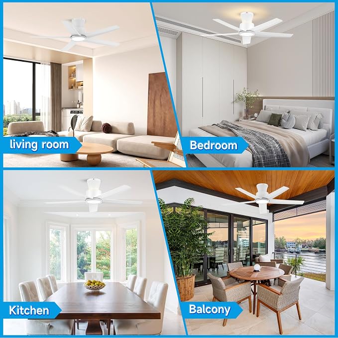 ocioc 44 Inch Ceiling Fans with Lights, Large Air Volume Ceiling Fan with Nightlight, Ultra Quiet Reversible DC Motor with Remote（White）