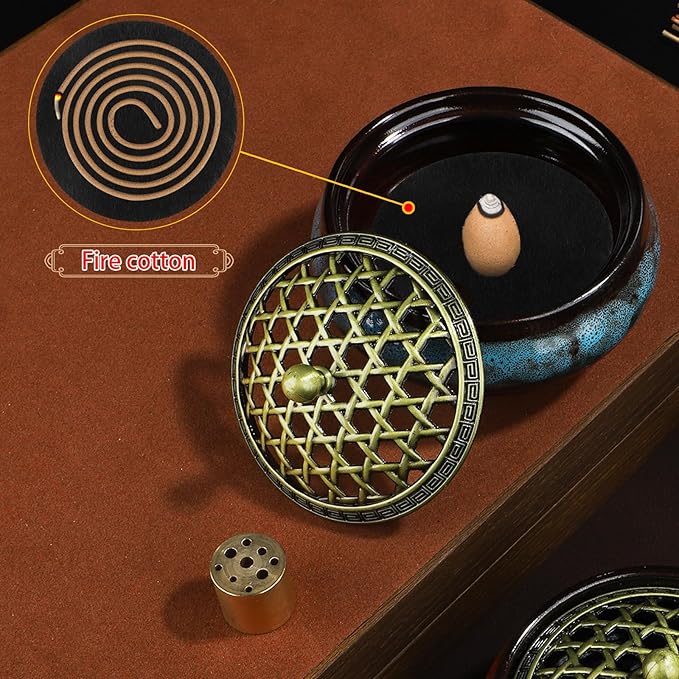 Ceramic Incense Burner for Cone and Backflow Incense, Metal Lid, Stainless Steel Incense Holder, Incense Bowl with Incense Cone Holder & Burner Holder (Fambe Blue)