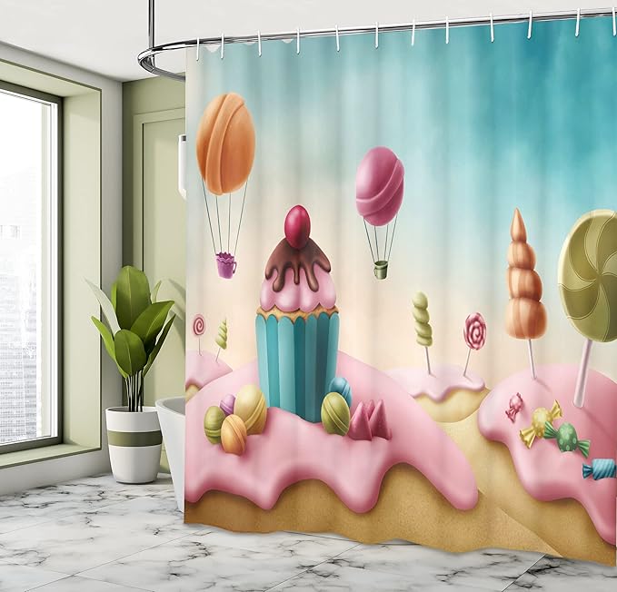 Ambesonne Fantasy Shower Curtain, Surreal Candyland Cupcake Bonbon Lollipops Food Delicious Sweets, Cloth Fabric Bathroom Decor Set with Hooks, 69" W x 70" L, Aqua Pink