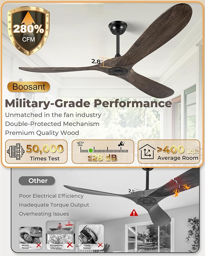 52" Ceiling Fans Without Light, Solid Wood Ceiling Fan with Remote Control and DC Motor, No Light, Modern Ceiling Fan with 3 Blades, Indoor Outdoor for Patios, Bedroom - Deep Brown
