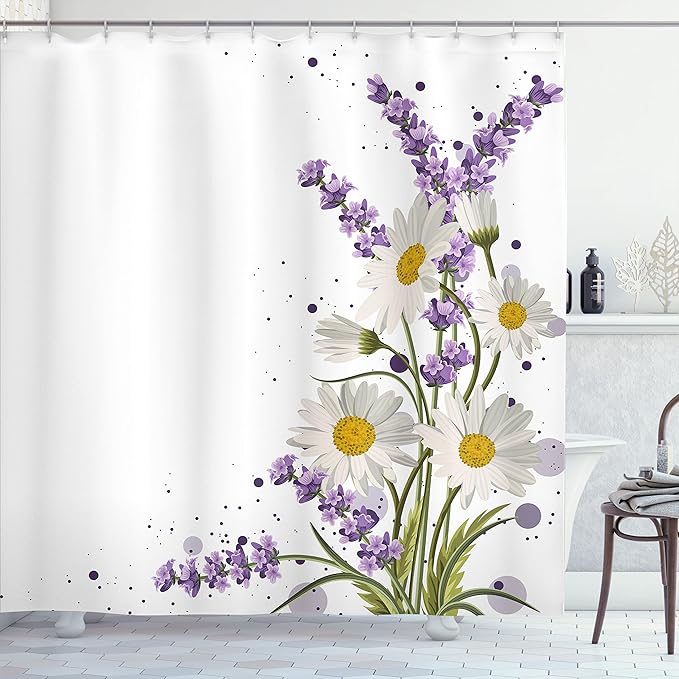 Ambesonne Lavender Shower Curtain, Vivid Bouquet with Daisies Color Slashes Scenic Modern, Cloth Fabric Bathroom Decor Set with Hooks, 69" W x 84" L, Green Marigold