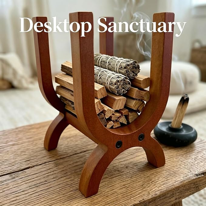 Solid Wood Palo Santo Holder - Large Capacity Sage Bundle Storage Rack | Rustic Wooden Smudge Sticks Display Stand & Organizer for Altar Decor, Yoga Meditation Spiritual Gifts (Brown)