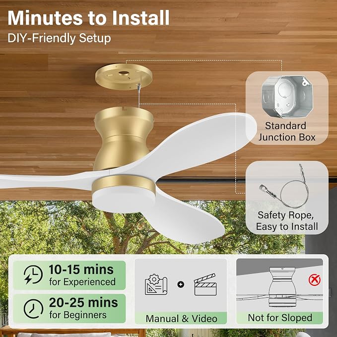 52" Wood Ceiling Fans with Lights Remote,Smart Control via WIFI Alexa APP,Outdoor Indoor Flush Mount Ceiling Fan for Low Profile Modern Living Room,Patio,White and Gold,Dimmable LED,Quiet DC Motor