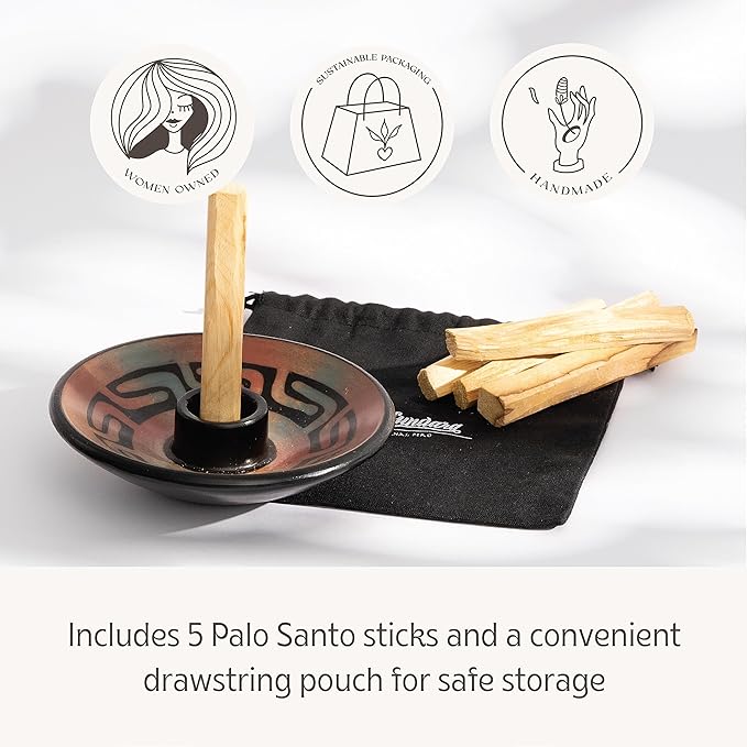 Palo Santo Holder with 5 Sticks - Luna Sundara Handmade Ceramic Incense Burner - Peach Chulucanas Pottery from Peru - Smudge Bowl for Sage - Aromatherapy Gift Set