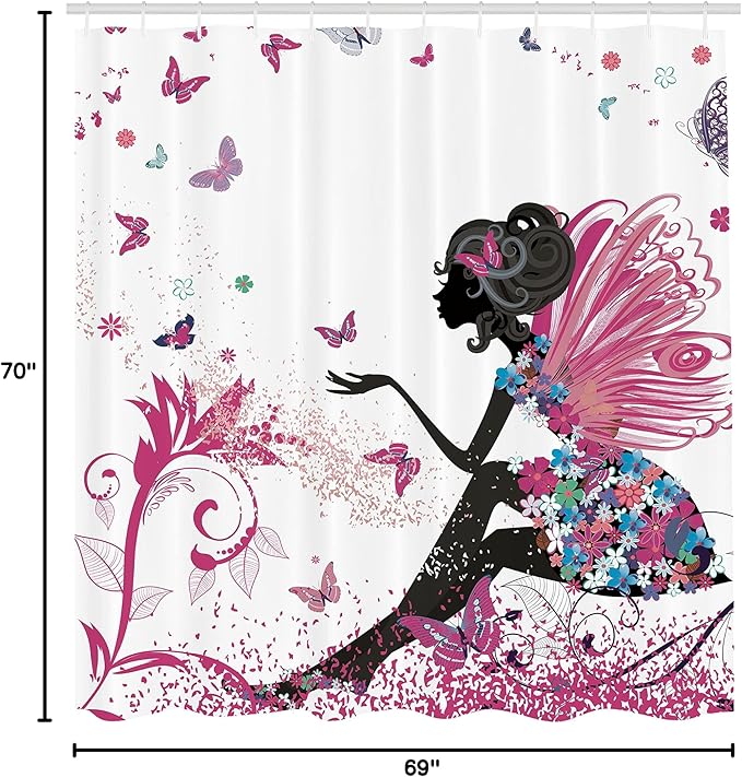 Ambesonne Fantasy Shower Curtain, Spring Girl Wings in a Floral Dress Surreal Garden Butterflies Print, Cloth Fabric Bathroom Decor Set with Hooks, 69" W x 70" L, Magenta Black