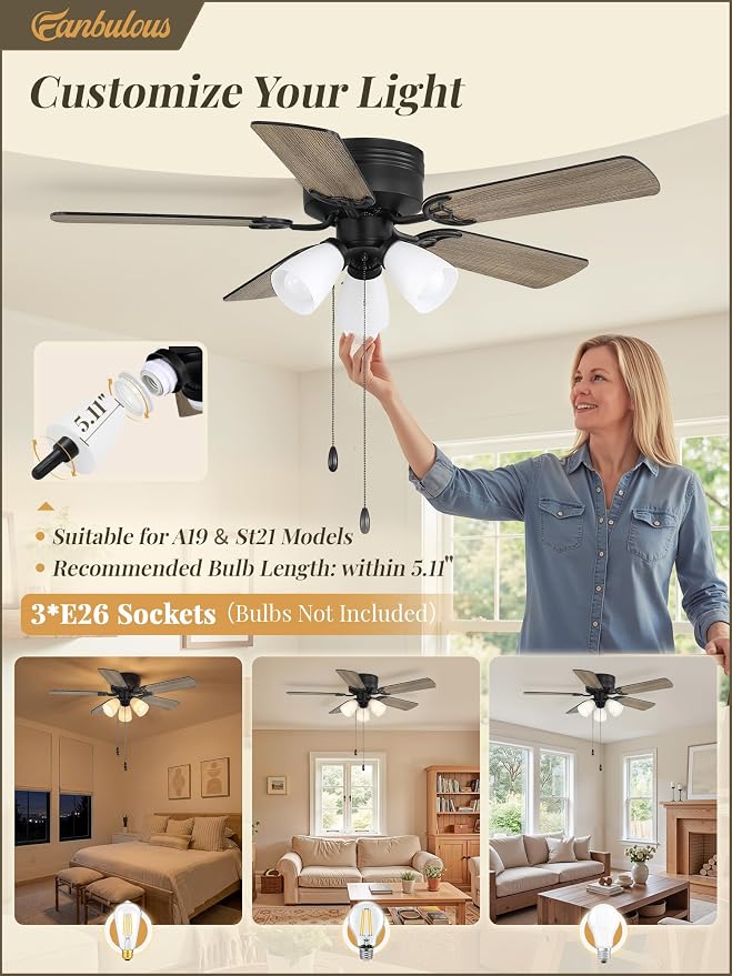 Fanbulous 44" Farmhouse Ceiling Fan with 3 Lights, Shatterproof PP Shades | DC Quiet Motor, 6-Speed Timer, Remote & Pull Chain Control, Low Profile Flush Mount for Bedroom, Living Room, Kitchen, Black