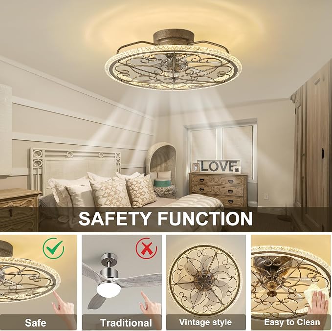 Low Profile Ceiling Fan with Lights 20" Ceiling Fan with Remote Bladeless Ceiling Fan Boho Vintage Flush Mount Ceiling Fan with Light 3 Color Smart LED Dimmable,Handmade Antique Vintage Silver