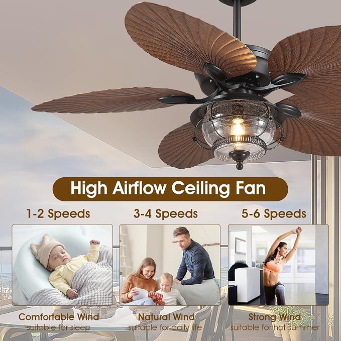 Wiviniya 52 Inch Tropical Ceiling Fans with Lights and Remote, Palm Leaf Waterproof Outdoor Ceiling Fan for Patios Porches Gazebos, Wet Rated, Glass Lampshade, Quiet DC Motor, Brown (Bulb Included)