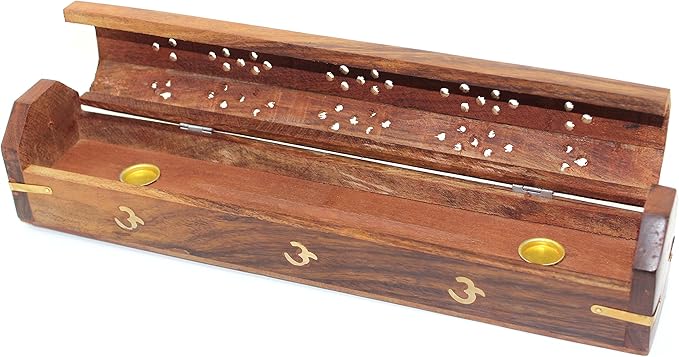 Govinda - Wooden Coffin Incense Burner - 12" OM - Brass Inlays - Storage Compartment