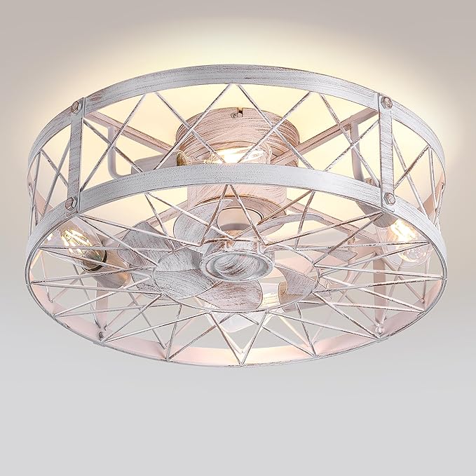 Flush Mount White Caged Ceiling Fan with Light, 20" Small Bladeless Ceiling Fan and Remote, Rustic Low Profile Ceiling Fans 4-Speed Reversible Enclosed Ceiling Fans for Bedroom Kitchen Farmhouse