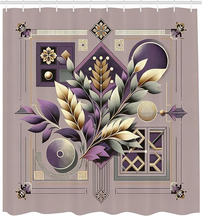 Ambesonne Botany Shower Curtain, Leafy Branches with Mid Century Geometric Shapes Retro and Modern Aura, Cloth Fabric Bathroom Decor Set with Hooks, 69" W x 84" L, Mauve Taupe and Eggplant