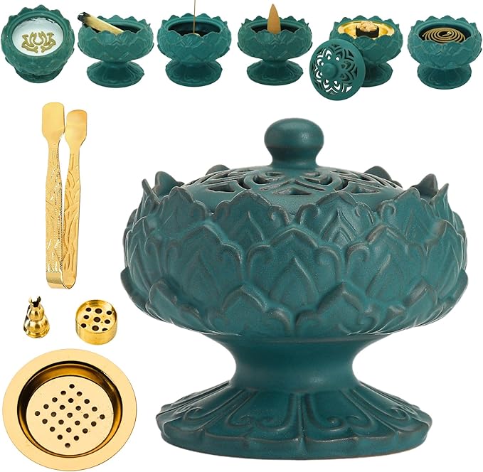 Ceramic Incense Burner for Frankincense, Bakhoor, Charcoal, Stick, Powder, Cone, Coil, and Tower Incense - Accessories for Meditation and Aromatherapy with Tweezers