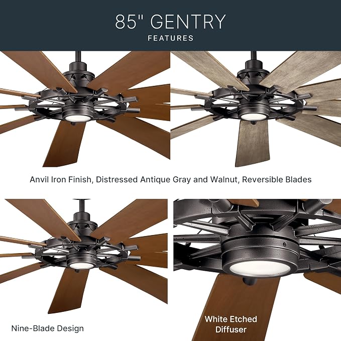Kichler Gentry XL 85" Ceiling Fan with Lights, 1-Light LED, 3000K, 9-Blade Modern Rustic Fan for Bedroom in Anvil Iron, (85" W x 16.5" H), 300285AVI