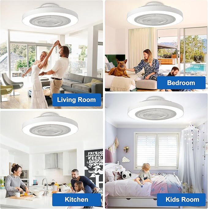 Depuley Modern Ceiling Fan with Light: 19" Bladeless Flush Mount Low Profile LED Ceiling Fans with Remote APP Control - White Enclosed Fandelier Dimmable Quiet for Bedroom Kids Room Apartment Loft