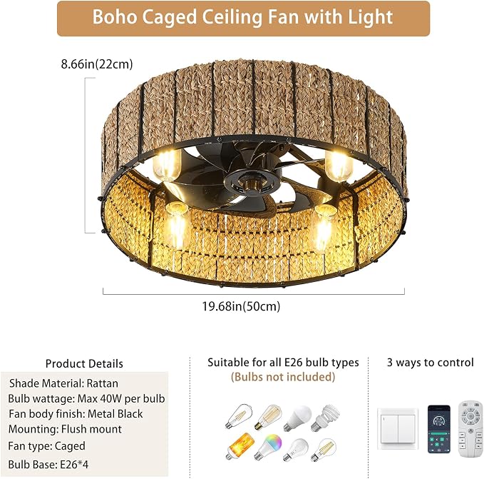 Ganeed 20" Boho Ceiling Fan with Light, Handwoven Rattan Caged Ceiling Fan with Light and Remote, Low Profile 6 Speeds Enclosed Flush Mount Fandelier for Bedroom Kids Room Nursery Living Room