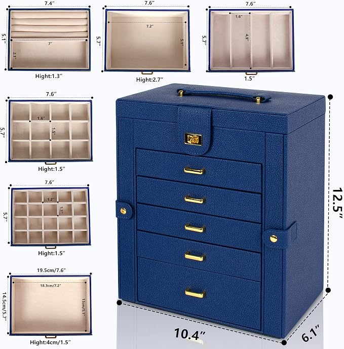 AKOZLIN 6-Tier Jewelry Box Organizer Functional 5 Drawers Leather Jewelry Storage Case for Women Girls Ring Necklace Earring Bracelet Holder Organizer with Mirror Blue Large