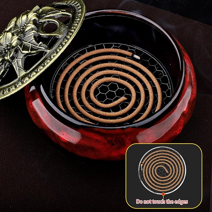 Ceramic Incense Burner Holder Set – 9 Hole Incense Stick Holder with Coil Incense Holder & Burner Tray – Multi-Function Censer for Cones, Coil Incense, and Stick Incense (Fambe Red)