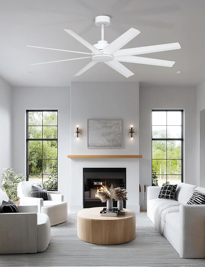Ohniyou 60" Modern Ceiling Fan With No Light for Patio, Porch, Deck | Remote/App Control, Quiet DC Motor, Covered Outdoor Fan with 8 ABS Blades, , white