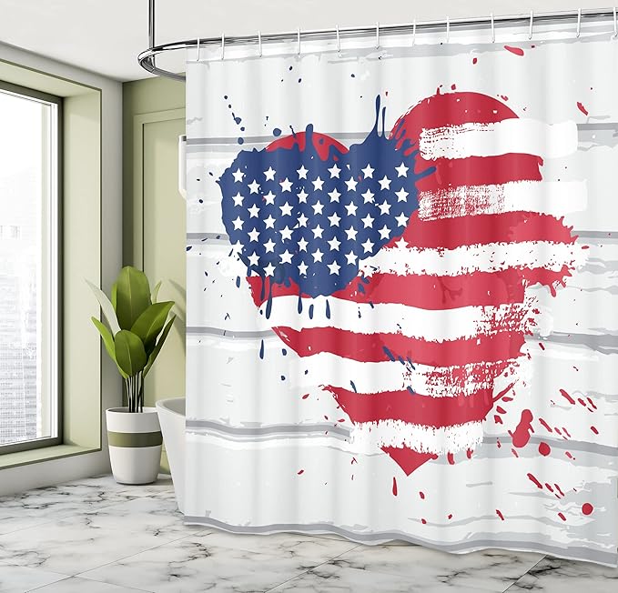 Ambesonne Americana Shower Curtain, USA Flag in Heart Shape on Wood Holiday Splattered Grunge Style Illustration, Cloth Fabric Bathroom Decor Set with Hooks, 69" W x 70" L, Cream Blue