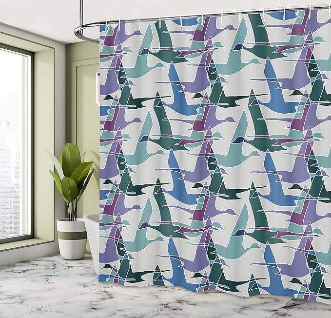 Ambesonne Geese Shower Curtain, Flying Ducks Mallard and Waterfowl Shapes Theme Colorful Abstract Print, Cloth Fabric Bathroom Decor Set with Hooks, 69" W x 70" L, Lilac Green