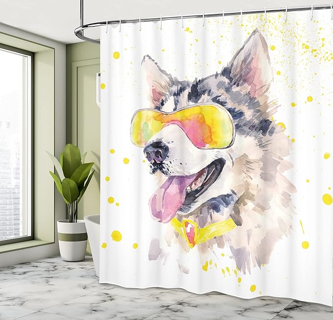 Ambesonne Animal Shower Curtain, Funny Husky Dog with Sunglasses Humorous Watercolor Cool Puppy Picture, Cloth Fabric Bathroom Decor Set with Hooks, 69" W x 84" L, Yellow Beige