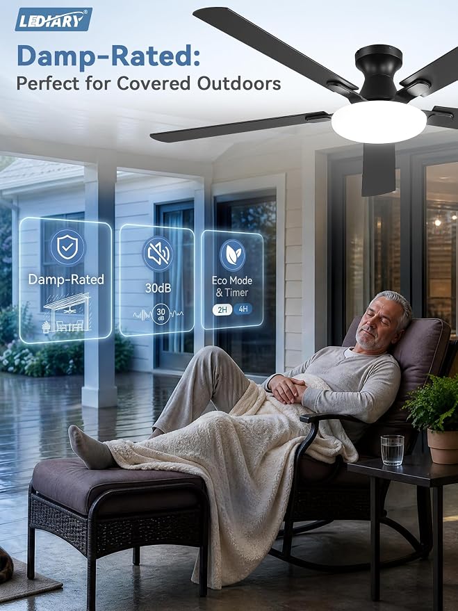 LEDIARY 60 Inch Flush Mount Ceiling Fans with Lights, Remote & APP Control | Bright Light, 3CCT, Memory Function, Timer, Reversible Blades, Quiet DC Motor, Damp-Rated, Living Room, Covered Patio, Adult