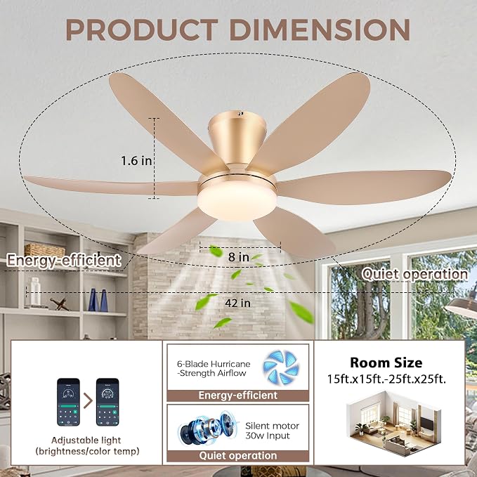 GJeg Ceiling Fans with Lights,42" Low Profile Ceiling Fan with Light and Remote Control,Flush Mount, Reversible, Dimmable, Noiseless,Gold Ceiling Fan for Bedroom