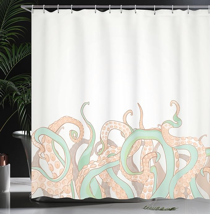 Ambesonne Octopus Shower Curtain, Animal Tentacles Background Underwater Marine Nature and Sea Creatures Nautical, Cloth Fabric Bathroom Decor Set with Hooks, 69" W x 75" L, Almond Green