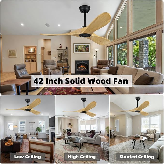 42 Inch Ceiling Fan, Without Light, with Remote Control, Silent DC Motor, 3 Blades, Modern Low Profile Ceiling Fan, For Bedroom, Living Room, Dining Room, Office (Natural Wood, 42 inch)