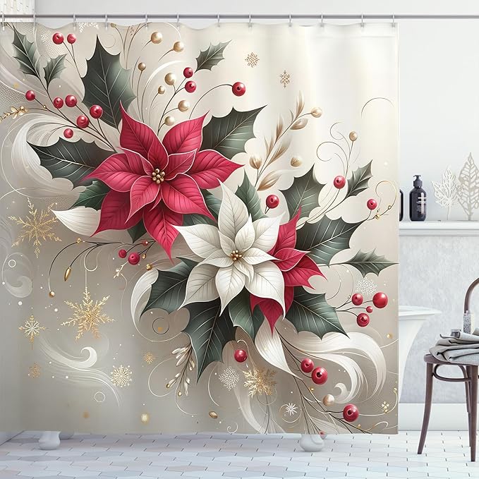 Ambesonne Christmas Shower Curtain, Traditional Xmas with Poinsettia Flowers Ornate and Snowflakes, Cloth Fabric Bathroom Decor Set with Hooks, 69" W x 84" L, Pale Vermilion and Grey Teal