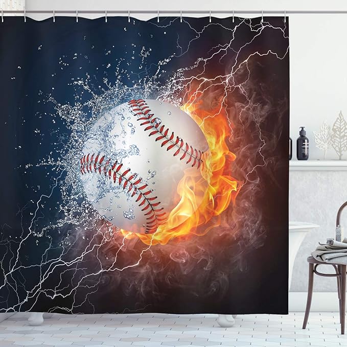 Ambesonne Sports Shower Curtain, Sportive Theme Design of Baseball Ball and Water Splashing Thunder Speedy Art Print, Cloth Fabric Bathroom Decor Set with Hooks, 69" W x 84" L, Blue and Burgundy