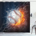 Ambesonne Sports Shower Curtain, Sportive Theme Design of Baseball Ball and Water Splashing Thunder Speedy Art Print, Cloth Fabric Bathroom Decor Set with Hooks, 69" W x 84" L, Blue and Burgundy