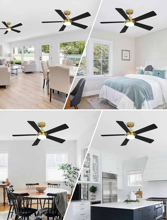 48 Inch Ceiling Fan with Lights and Remote, Downrod Mount, Sloped Ceiling Compatible up to 15°, Quiet Reversible DC Motor, 3CCT Dimmable LED, Gold Ceiling Fan for Bedroom Living Room