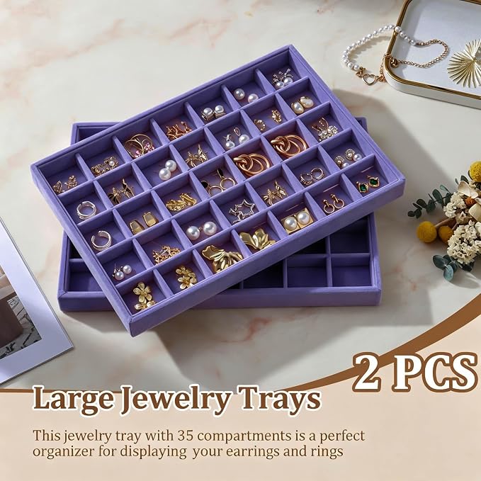 Large Velvet Jewelry Tray 2 Pack Stackable Jewelry Display Drawer Inserts Trays Organizer for Earring Bracelet Necklace Ring (Purple, 35 Grids)