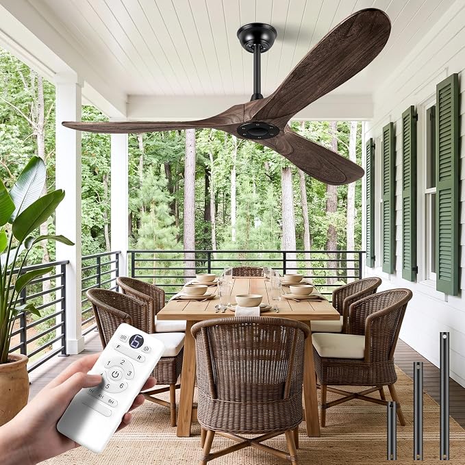 60" Ceiling Fans Without Light, Solid Wood Ceiling Fan No Light with Remote Control and DC Motor, Outdoor Ceiling Fan with 3 Blades, Outdoor fan for Patios - Deep Brown