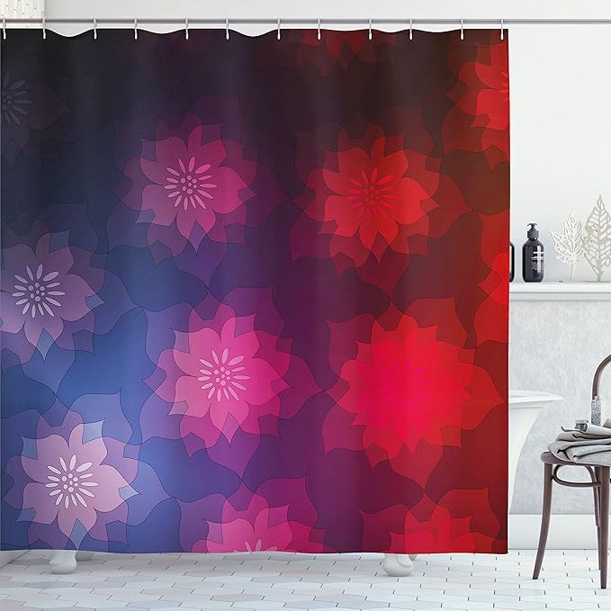 Ambesonne Abstract Shower Curtain, Rainbow Colored Ombre Design with Floral Flower Detailed Image, Cloth Fabric Bathroom Decor Set with Hooks, 69" W x 84" L, Pink Purple
